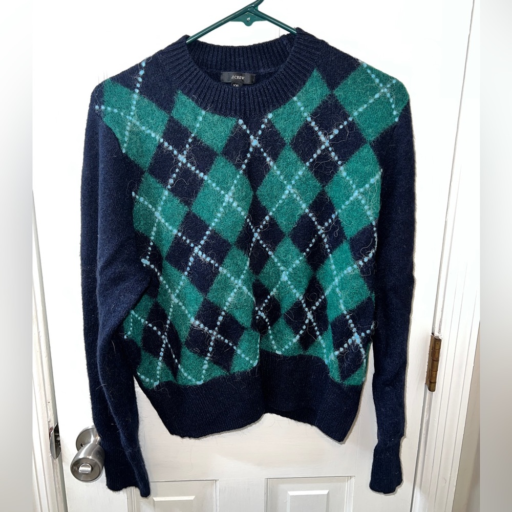 J. Crew Argyle Cropped Crewneck Sweater in Heather Navy Spruce Aqua